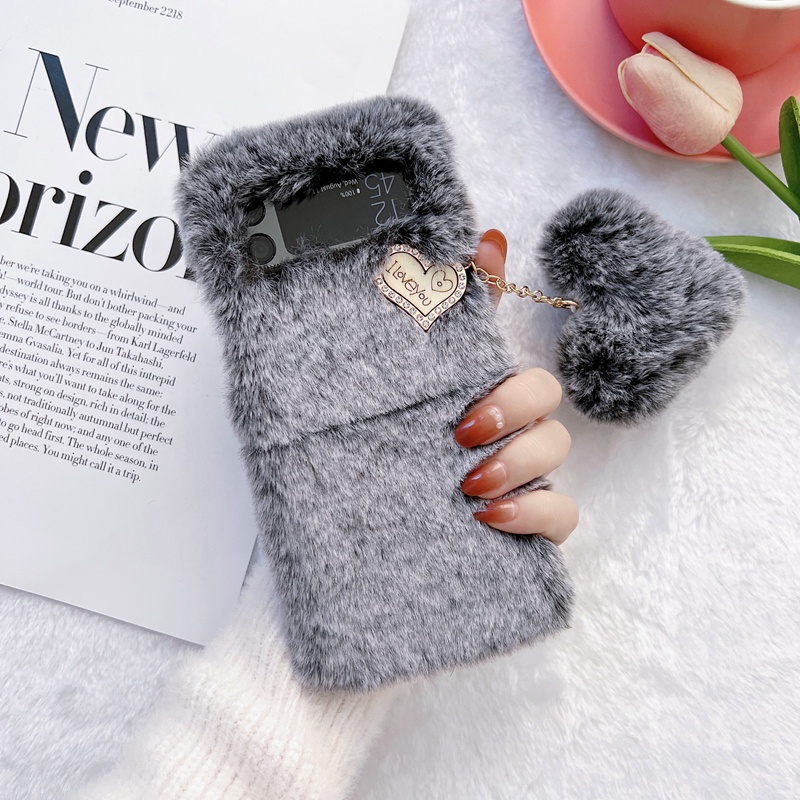 Bao Da Điện Thoại Gắn Hình Trái Tim 3d Bằng Vải Lông Xù Êm Ái Ấm Áp Cho samsung z flip 3 flip4 galaxy Zflip