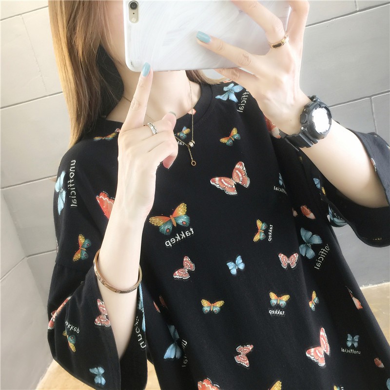 [ HÀNG Xả Sốc] [ HÀNG CHUẨN ] ÁO THUN HOT HỌA TIẾT BƯỚM - ĐEN
