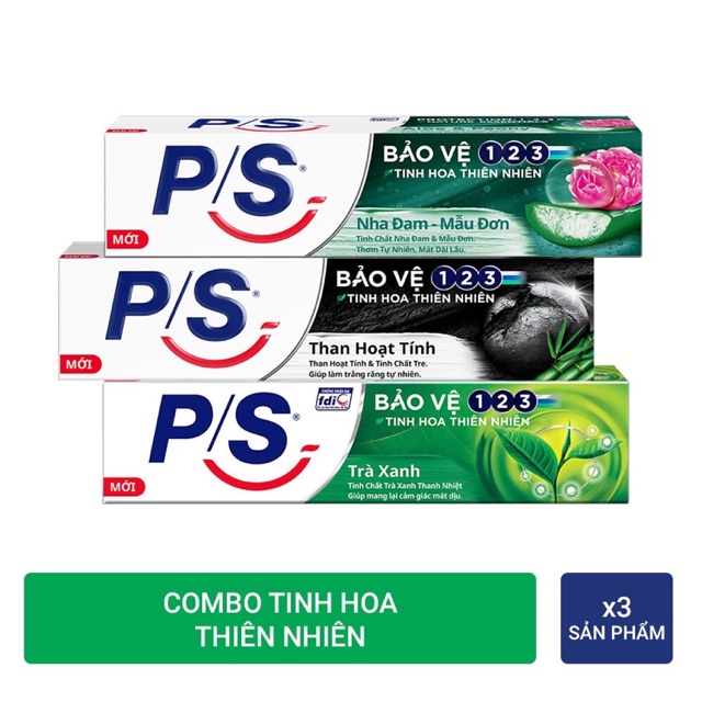 Combo 3 Kem đánh răng P/S Tinh hoa thiên nhiên: Nha đam-Mẫu đơn 180g + Than hoạt tính-Tre 180g + Trà Xanh 190g