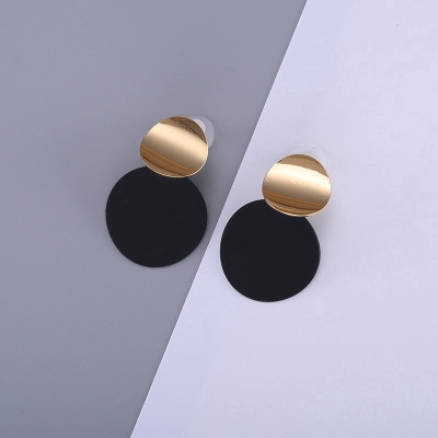 2019 Fashion Jewelry Trendy Black Round Metal Earring for Women Gold Shiny Smooth Long Drop Earrings