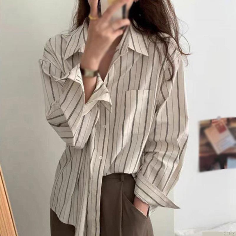 Áo sơ mi tay dài dáng rộng họa tiết sọc phong cách Hàn Quốc thời trang cho nữ