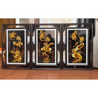 [SIÊU GIẢM GIÁ]Tranh thêu PHÚC LỘC THỌ hoa sen thêu sẵn 60x40cm
