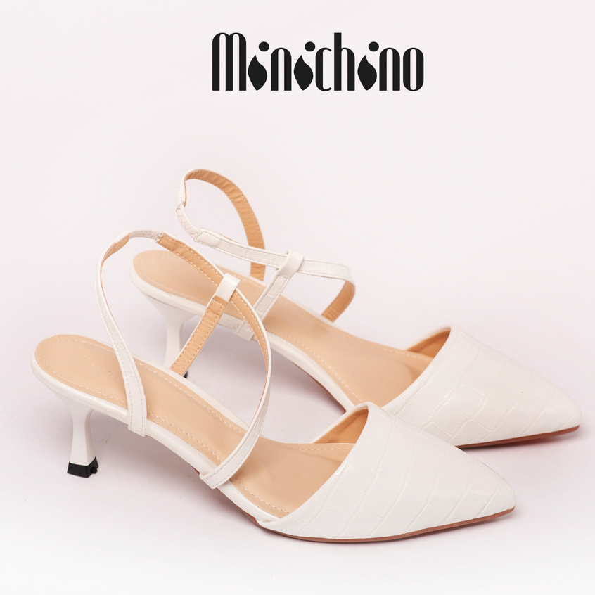 Giày sandal nữ gót cao 6cm MINICHINO mũi nhọn phối dây hở gót, da kiểu vân trúc màu nâu TC057