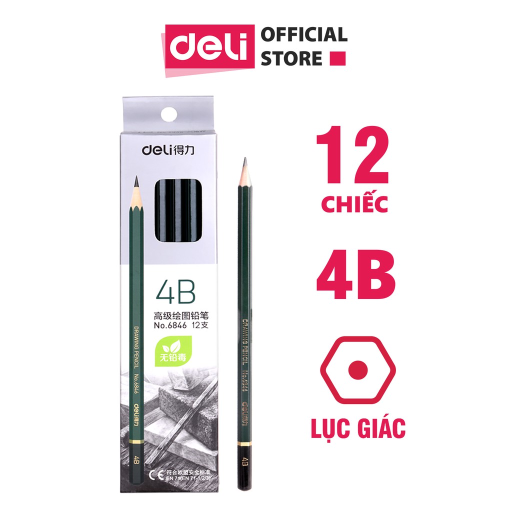 Hộp 12 cây bút chì gỗ 3B/4B/5B/6B DELI - 6836/6846/6838/6848, bút chì vẽ, chất lượng giá rẻ