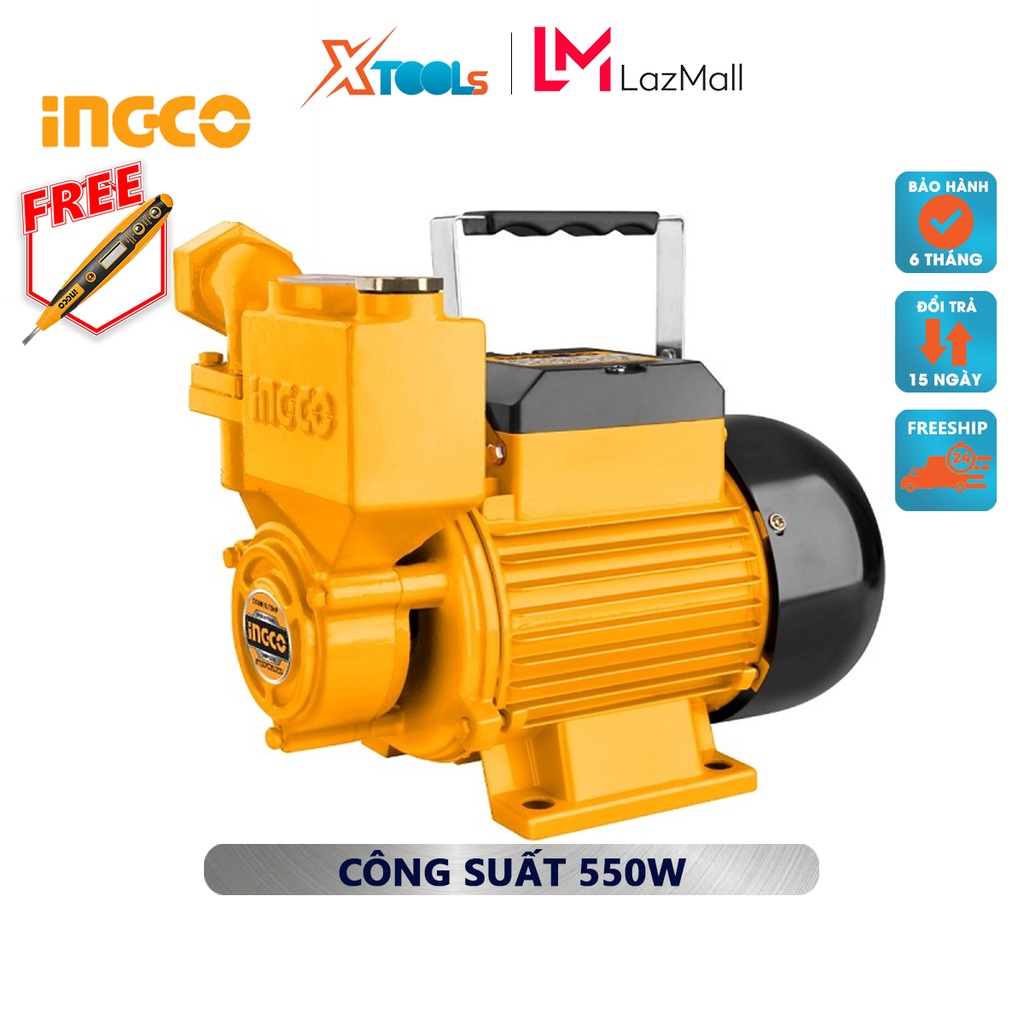 Máy bơm nước INGCO VPS5502 máy bơm tăng áp 550W(0.75HP), chiều cao bơm 40m, độ hút sâu 8m, mô tơ dây đồng tăng áp lực đư