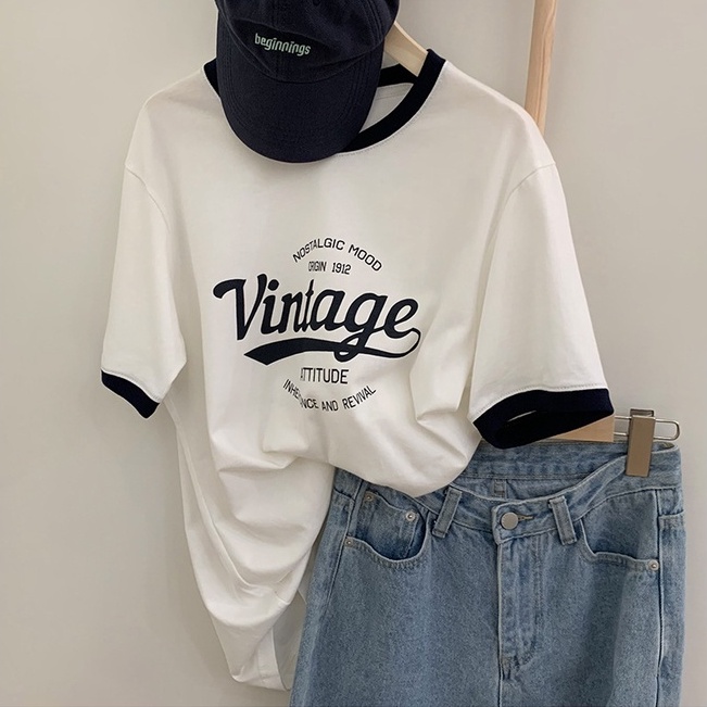 Áo phông cotton hình in Vintage dáng rộng phối cổ và tay áo