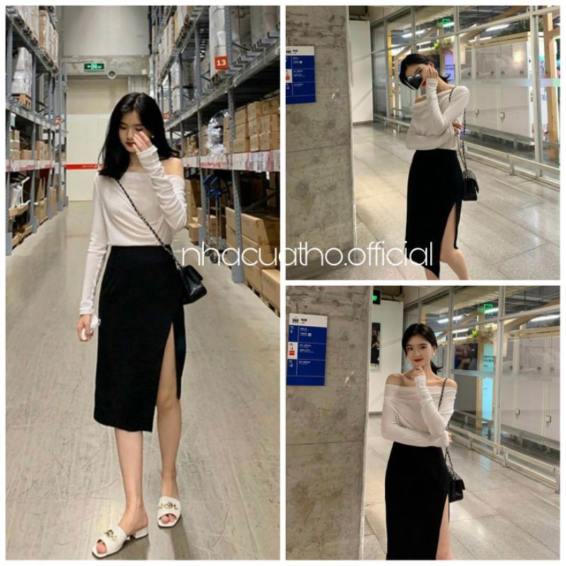 Set áo len trắng lệch vai + cvay xẻ đùi