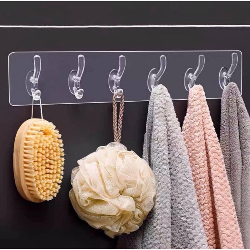 (Thanh 6 Móc Pha Lê ) Thanh 6 Móc Dán Tường Siêu Dính Trong Suốt Treo Đồ, Quần Áo, Khăn, Đồ Dùng Nhà Bếp - Siêu Dính