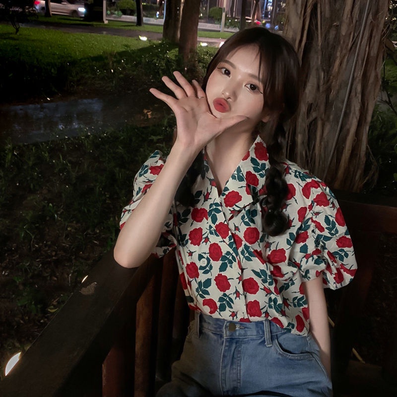Áo Sơ Mi Tay Ngắn Phồng Họa Tiết Hoa Thời Trang Mùa Hè Cho Nữ
