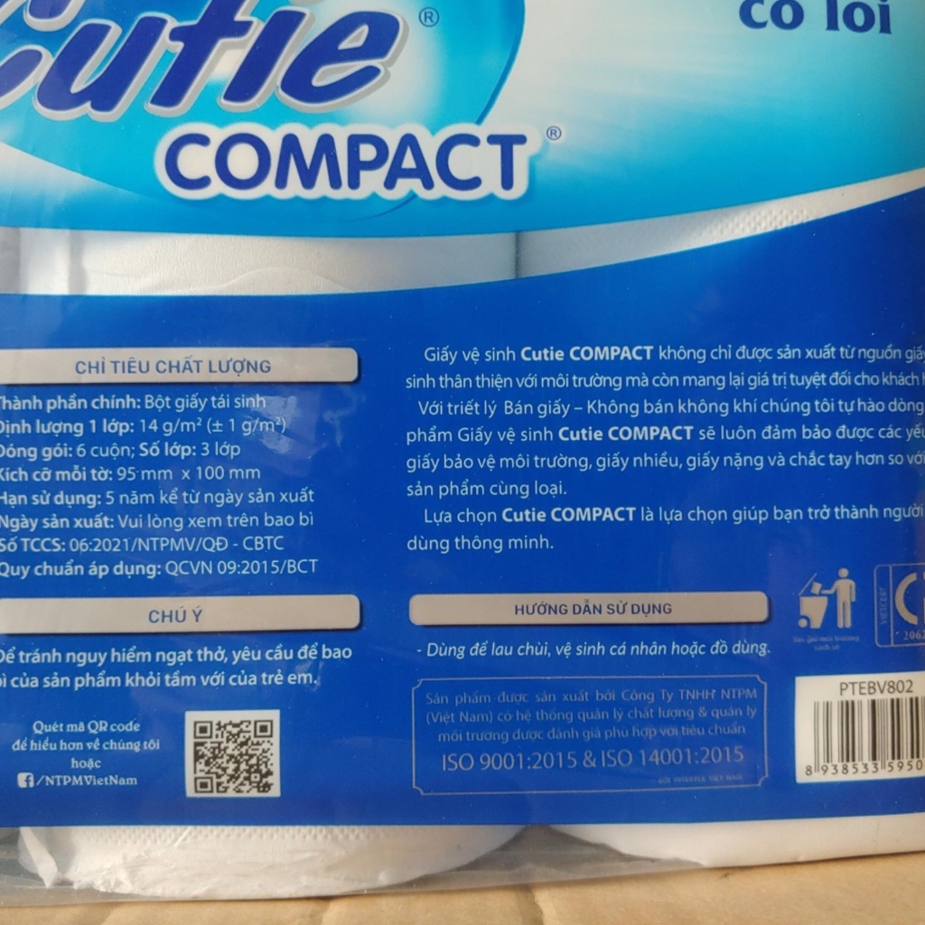 Lốc giấy vệ sinh 6 cuộn Cuti compact không lõi,có lõi mềm mịn