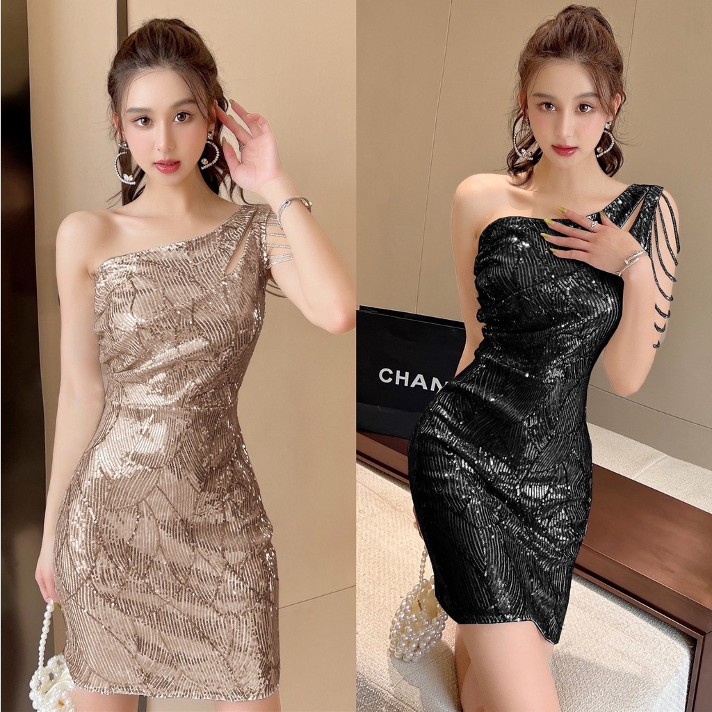 Đầm Dự Tiệc Dáng Ngắn Đính Kim Sa Lấp Lánh Thời Trang Cao Cấp Cho Nữ E08Q