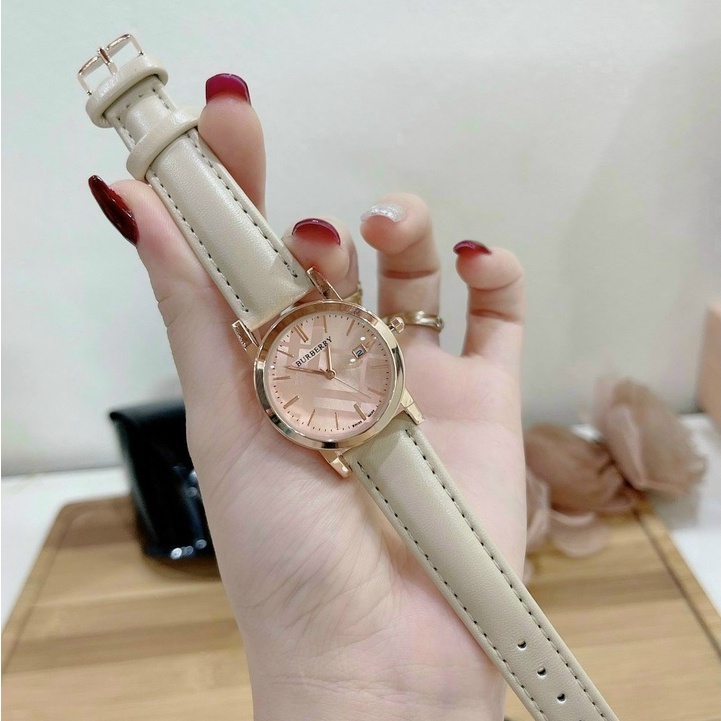 Đồng hồ nữ Burberi màu kem Xinh xắn- Dễ Thương- Viền mạ sang trọng- Tặng hộp tặng Pin đi kèm