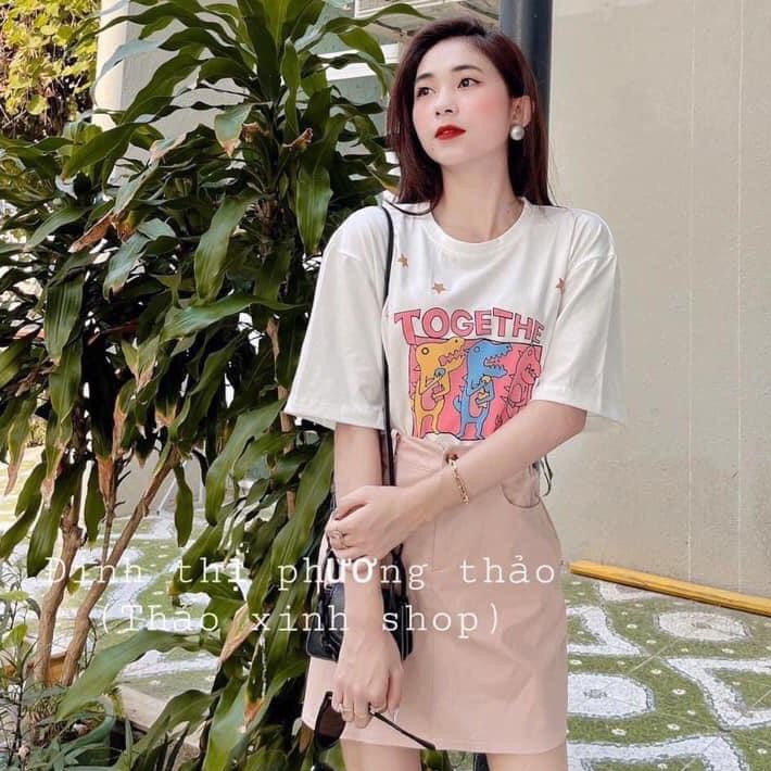 Set áo thun kèm chân váy kaki hồng, áo phông in hình mix chân váy ngắn xinh xắn AD89