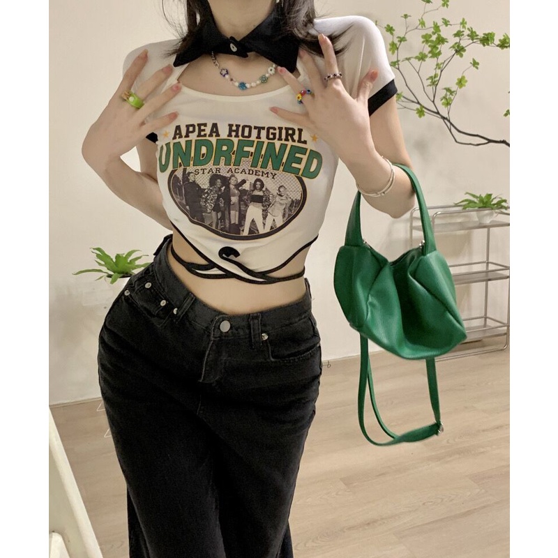 y2k American style hot girl top lace-up design feeling fried street short sleeve ins sweet cool tight polo collar out-of-waist T-shirt women's k0s9