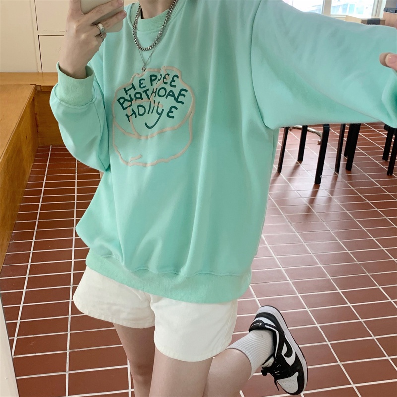 ZHELIHANGFEI Áo Thun Tay Dài Cổ Tròn Form Rộng Họa Tiết In Theo Phong Cách Preppy Dễ Phối Đồ