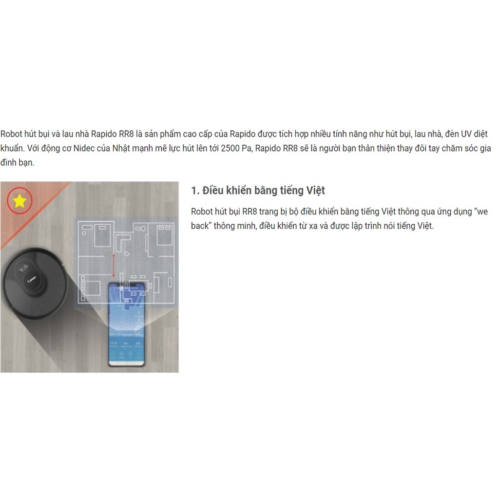 Robot hút bụi và lau nhà thông minh Rapido R8S, điều khiển tiếng việt kết nối wifi, đèn UV diệt khuẩn, lực hút mạnh mẽ