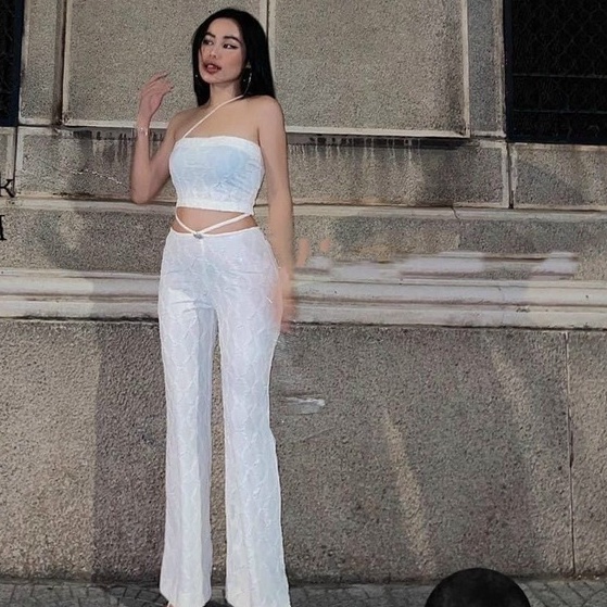 Set áo croptop dây chéo cúp ngực kèm quần ống rộng phối dây cho nàng đi chơi dạo phố
