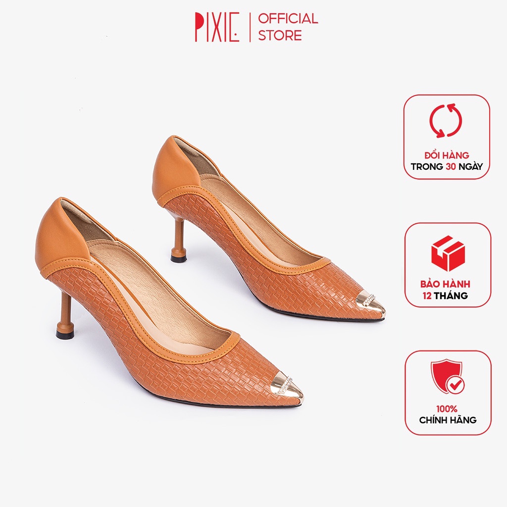 Giày Cao Gót 7cm Da Đan Mũi Kim Loại Pixie X804