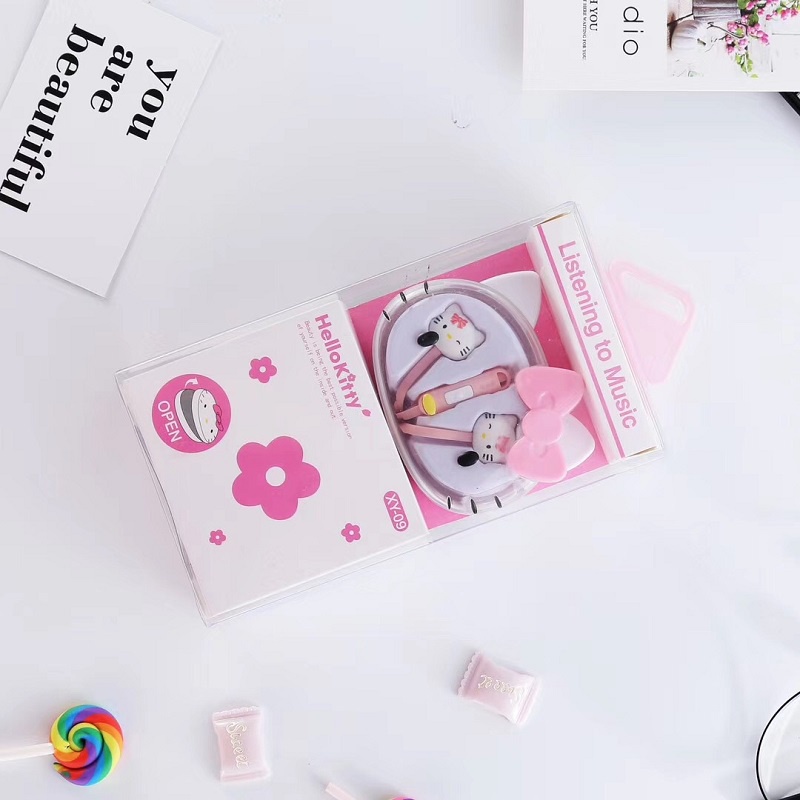 Tai Nghe Nhét Tai Có Dây Hình Hoạt Hình Disney Hello Kitty Dễ Thương Kèm Hộp Đựng