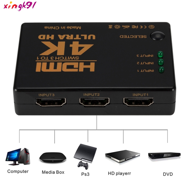 3 Port HDMI Splitter Switcher 3 In 1 Out Hub Box +Remote Auto Switch 1080P HD