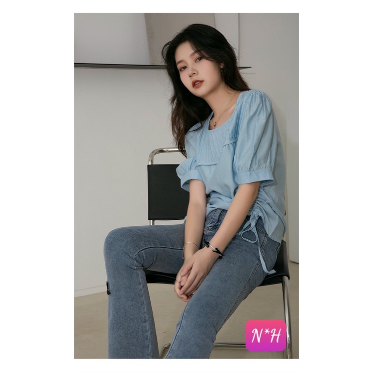 áo sơ mi kiểu rút eo cổ tròn tay ngắn | BigBuy360 - bigbuy360.vn