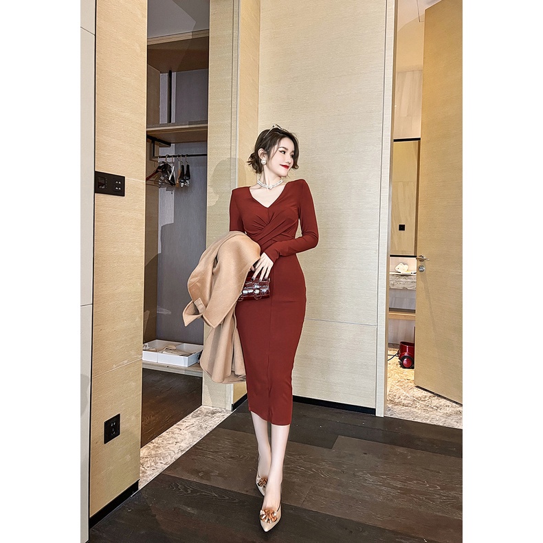 ZYHT Đầm Dài Cổ Chữ V Nhấn Eo Thời Trang Mùa Xuân Phong Cách Mới Cho Nữ váy dạ hội 5561