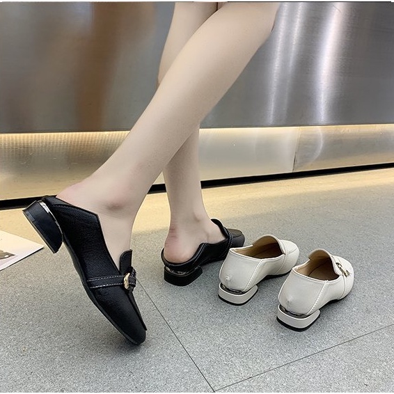 Giày mọi dẫm gót công sở loafer đế thấp trơn viền da lì