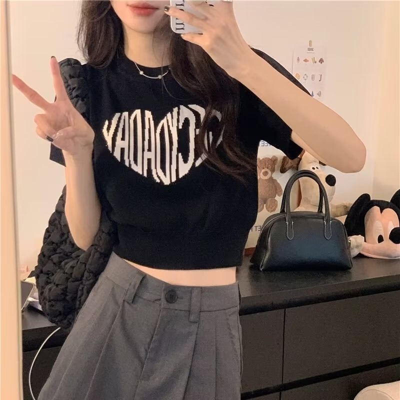 Áo thun dệt kim IELGY in chữ phong cách retro thời trang cho nữ