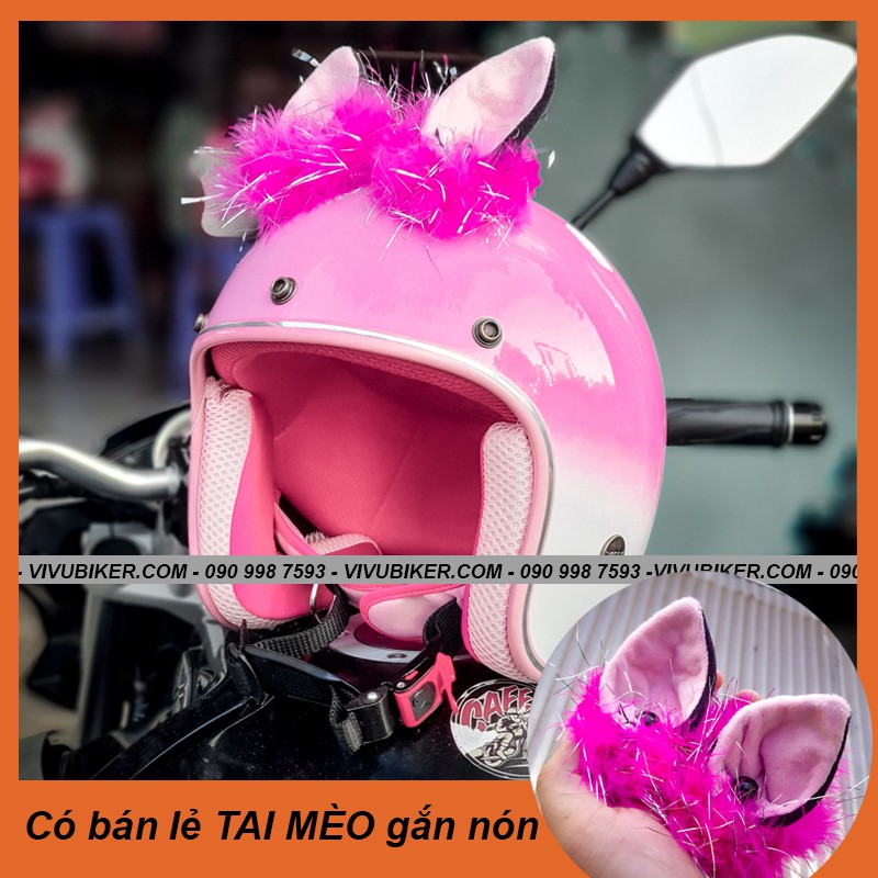 Mũ bảo hiểm 3/4 hồng pha trắng gắn tai mèo FungFing Thái Lan cao cấp - Nón tai mèo màu hồng siêu cute