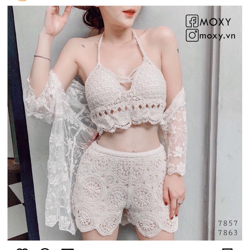 set biển - set 3 món - áo bra dây chéo ngực + quần ren hoa tròn + choàng ren hoa nhỏ (có tách rời) | BigBuy360 - bigbuy360.vn