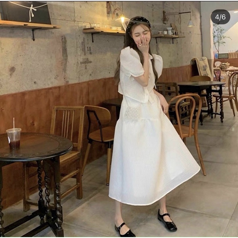 Đầm dự tiệc 🌷Set váy trắng kèm áo sơ mi tay phồng màu trắng