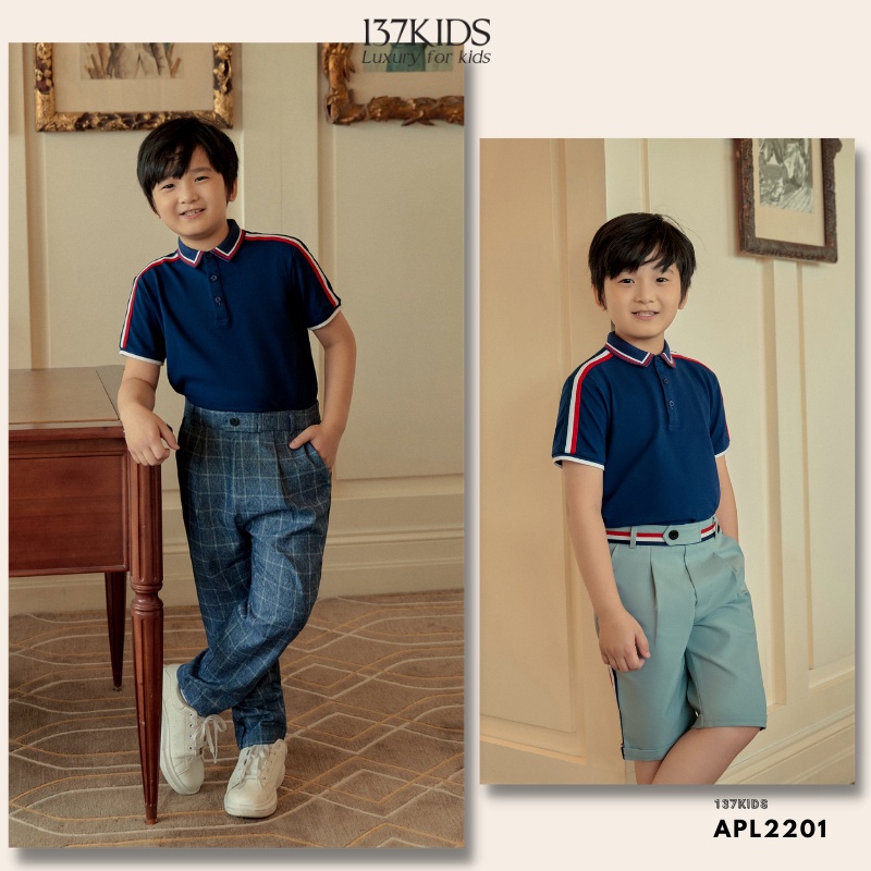 Áo polo cộc tay xanh sọc vai thiết kế 137Kids chất cotton thoáng mát cho bé trai