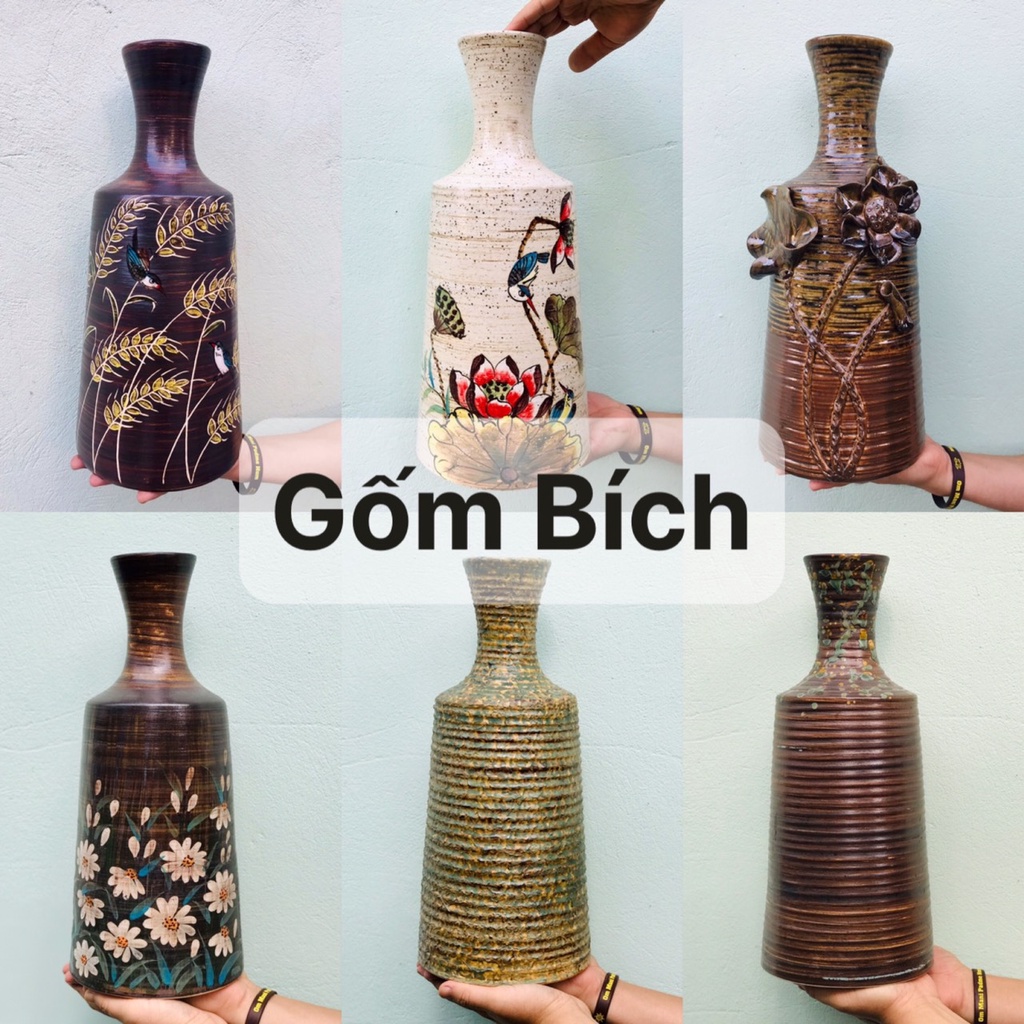 Bình Hoa Lọ Hoa Dáng Chai Cổ Dài Men Mộc Cao 38cm Gốm Sứ Bát Tràng - Gốm Bích