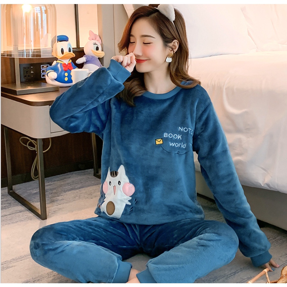 Bộ mặc nhà nhung lông cừu dày dặn, bộ đồ thu đông, bộ đồ lót lông, bộ dài tay