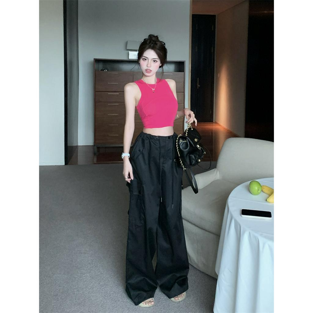 QADCOL Set Áo Thun Không Tay + Quần ống rộng Lưng Cao Thời Trang Mùa Hè Cho Nữ