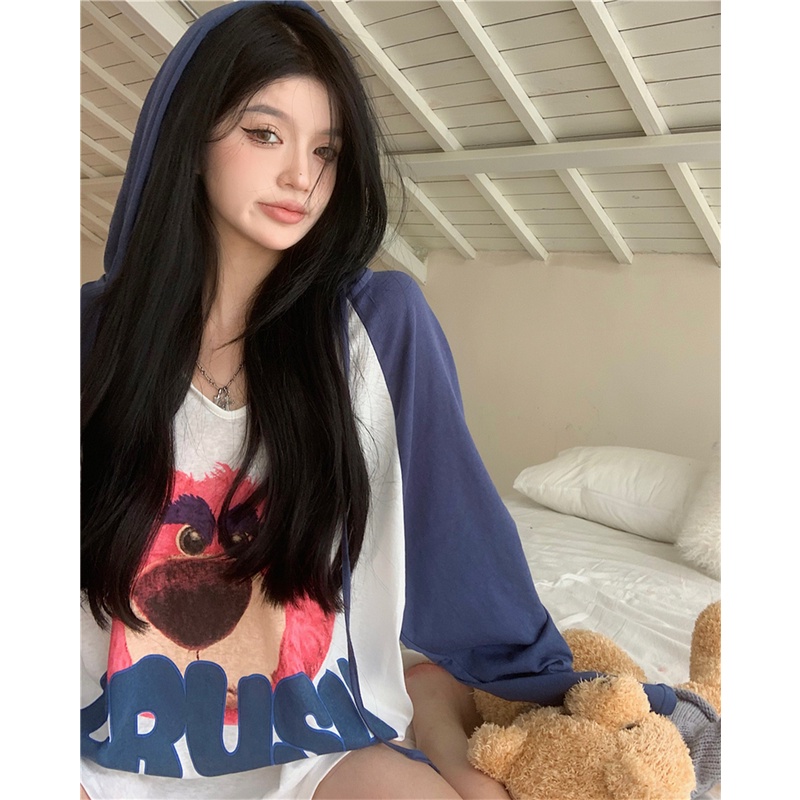 Áo Hoodie Tay Dài Chống Nắng Mỏng Dáng Rộng In Họa Tiết Hoạt Hình Phối Màu Cá Tính Thời Trang Hàn Quốc Cho Nữ