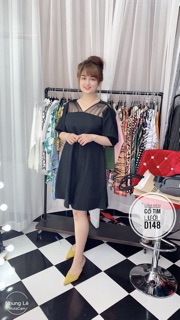 Bigsize Đầm đen cổ tim lưới D148