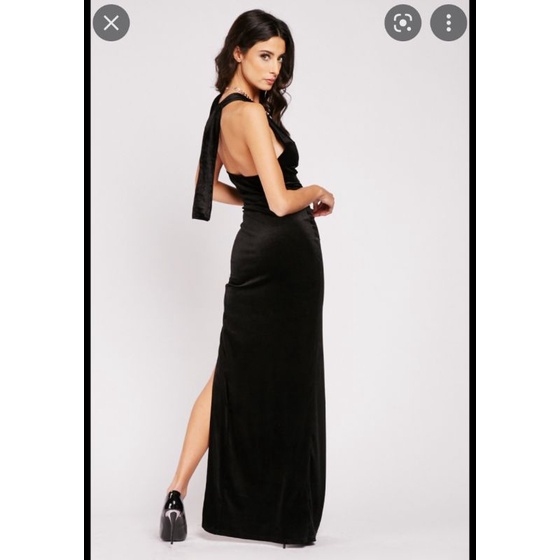 Đầm nhung maxi cổ cột dây xẻ tà VNXK velvet laceup dress high split đầm ôm body dáng dài xuất khẩu dư xịn