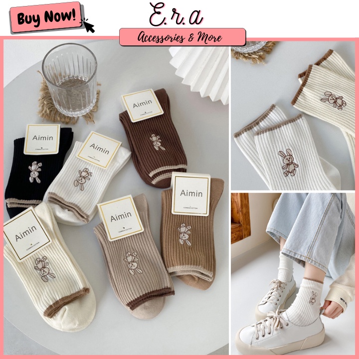 Tất Cổ Vừa Viền Nâu Thỏ Cho Nữ ERASHOP 079500 - Phù Hợp Mang Sneaker, Vải Co Giãn 4 Chiều, Màu Đơn Giản, Rẻ Đẹp