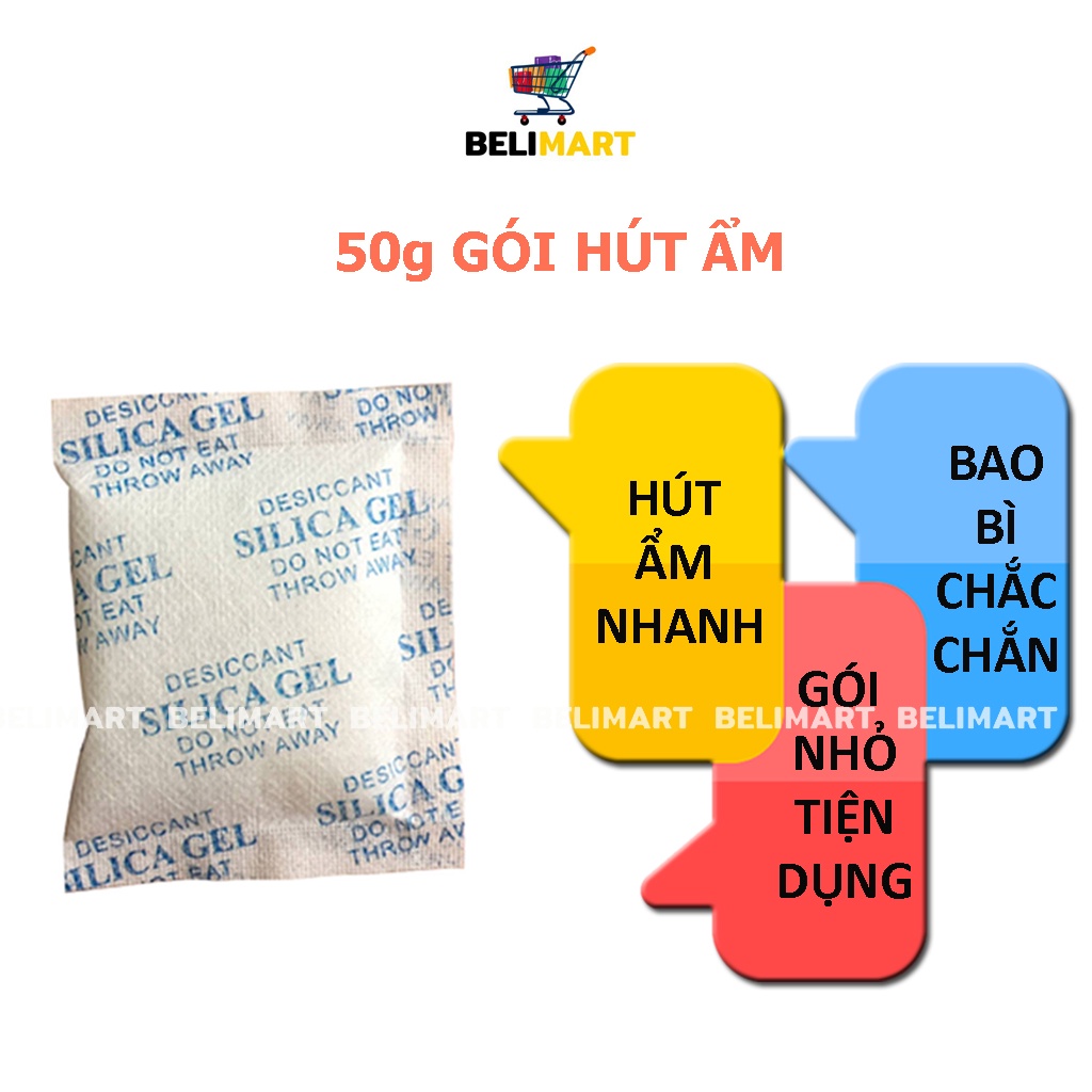 Gói hút ẩm tủ quần áo đóng túi 50g, túi hút ẩm thực phẩm, máy ảnh, sách báo, giày dép loại 2/5/10g Beli BL020