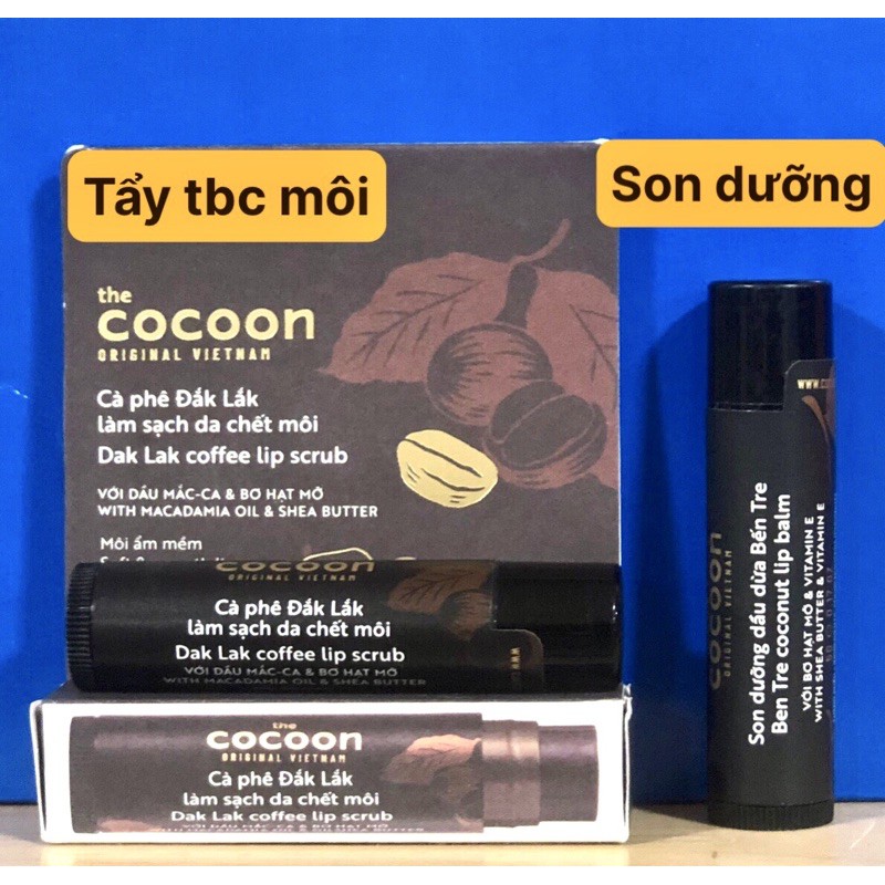 Combo  son tẩy da chết môi Cà phê đắk lắk cocoon 5g + son dưỡng môi dầu dừa bến tre cocoon 5g