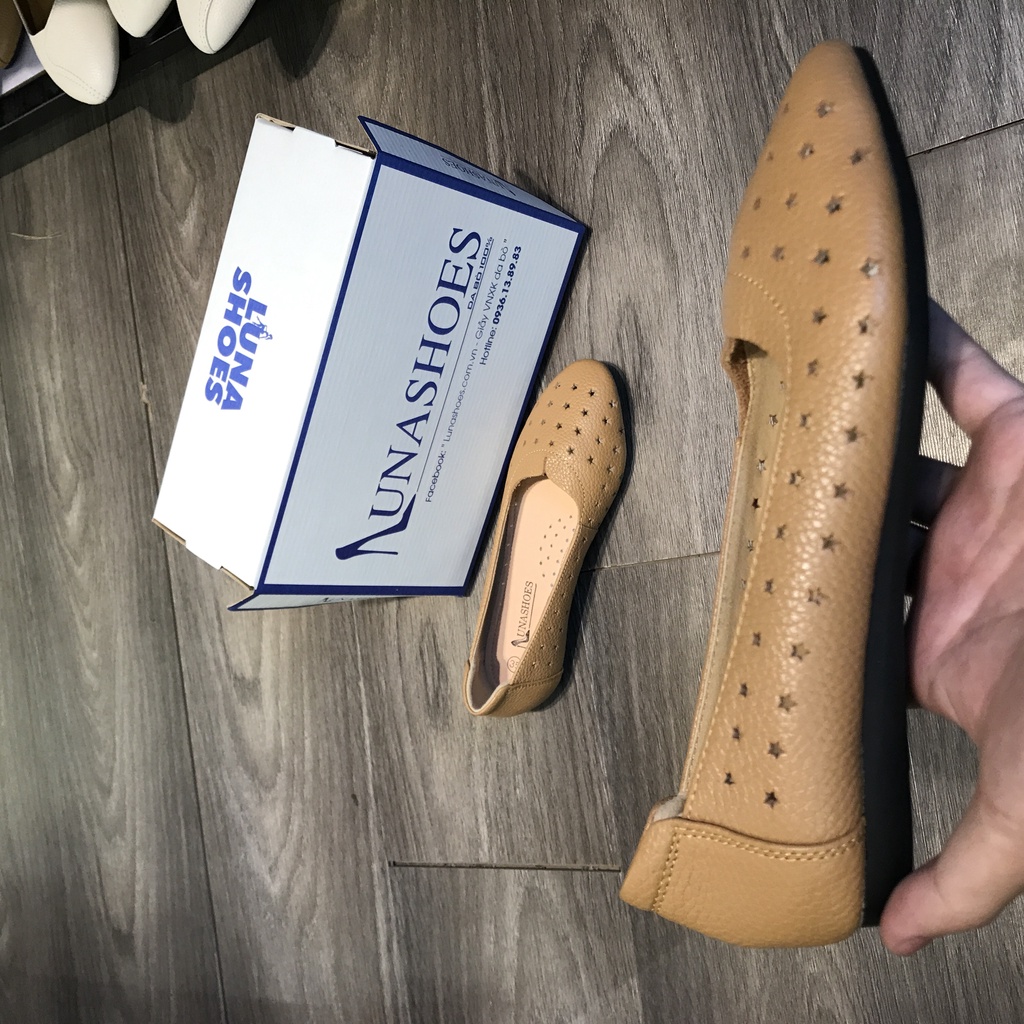 Giày bệt nữ mũi tròn da bò Lunashoes 1076 giầy đế bằng màu đen nâu trắng bảo hành 24 tháng Giày búp bê trung niên