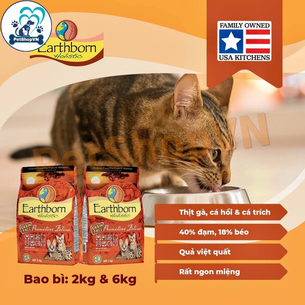 Thức Ăn Cho Mèo Hạt EARTHBORN HOLISTIC PRIMITIVE FELINE Bao 2Kg Vị Gà, Cá Hồi Và Cá Trích
