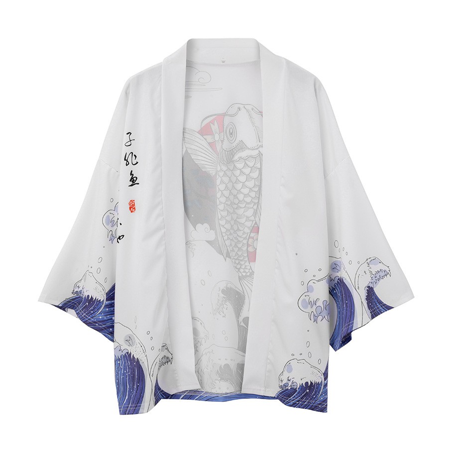 Áo Khoác Kimono In Hình Cá Bay Màu Đen Phong Cách Nhật Bản Cho Cặp Đôi