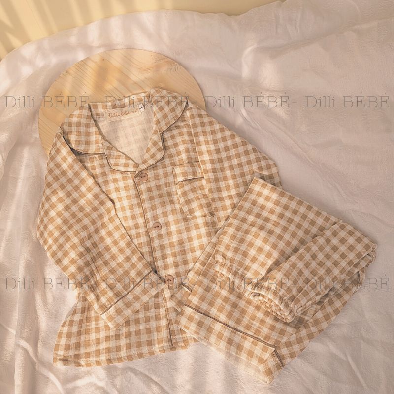 Đồ bộ ngủ áo quần Pijama tay dài quần dài cho bé trai bé gái trẻ em sơ sinh vải Muslin Gấu Teddy - Dilli Bebe