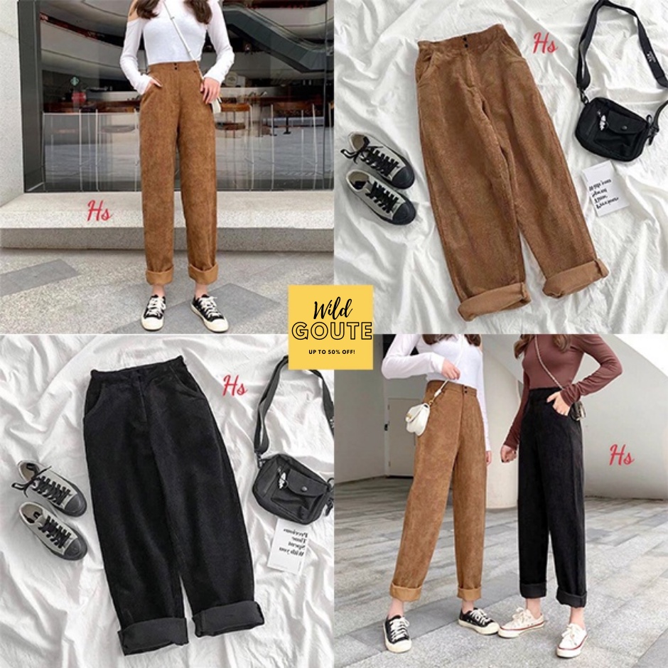 Quần Baggy Nhung Cài Cúc Hack Dáng Túi Hộp Đóng Cúc Unisex Wild Goute - Quần Suông Form Ống Rộng Vải Mịn Mã 846