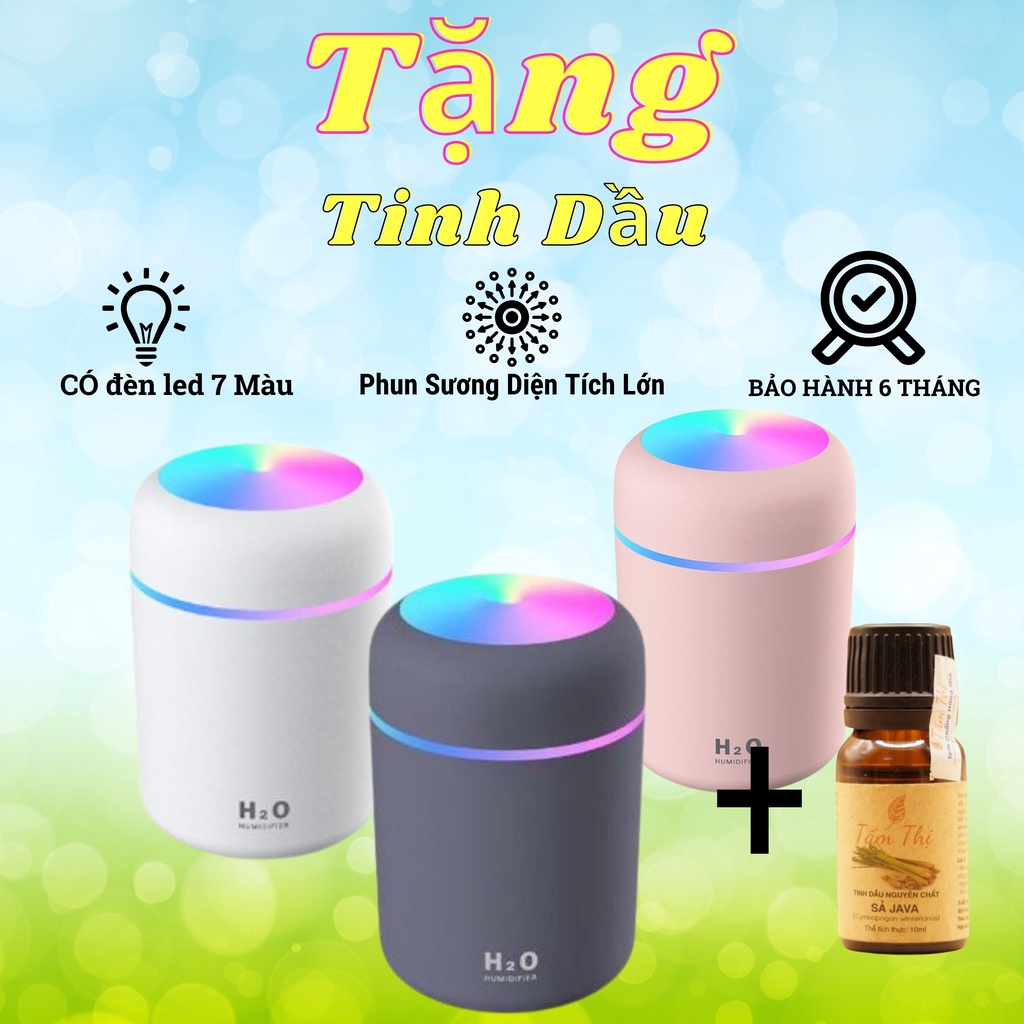 Máy Xông Tinh Dầu H2O Hình Trụ Phun Sương Tạo Ẩm Khuếch Tán Tinh Dầu  Làm Thơm Cho Phòng Ngủ &amp; Trên Xe oto Đèn Led 7 Màu