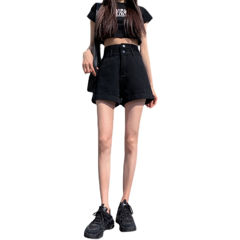 Quần Short Denim Lưng Cao Ống Rộng Theo Phong Cách Retro Hàn Quốc