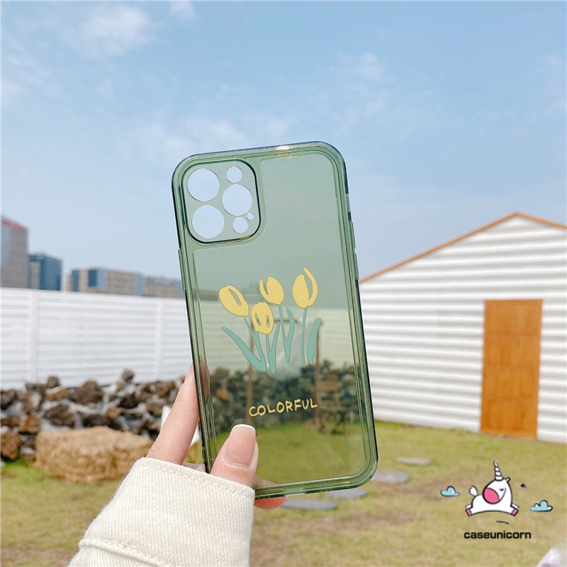 iPhone 12Pro Case iPhone 6 6s 7 8 Plus 12 11 Pro Max XR X XS MAX Ins Fashion Fresh Flower Tulip Soft TPU Square Transparent Camera Lens Protector Case Back Cover