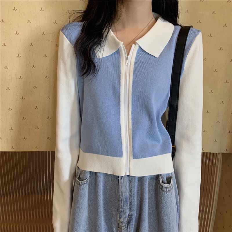 Áo Khoác Cardigan Dệt Kim Tay Dài Có Khóa Kéo Màu Sắc Tương Phản Phong Cách Hàn Quốc Thời Trang 2022 Cho Nữ